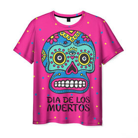 Мужская футболка 3D с принтом Мексиканский череп в Тюмени, 100% полиэфир | прямой крой, круглый вырез горловины, длина до линии бедер | Тематика изображения на принте: день мертвыхб сахарный череп | мексика | традиция | узоры | цветы