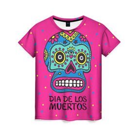 Женская футболка 3D с принтом Мексиканский череп в Тюмени, 100% полиэфир ( синтетическое хлопкоподобное полотно) | прямой крой, круглый вырез горловины, длина до линии бедер | день мертвыхб сахарный череп | мексика | традиция | узоры | цветы