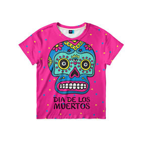 Детская футболка 3D с принтом Мексиканский череп в Тюмени, 100% гипоаллергенный полиэфир | прямой крой, круглый вырез горловины, длина до линии бедер, чуть спущенное плечо, ткань немного тянется | день мертвыхб сахарный череп | мексика | традиция | узоры | цветы