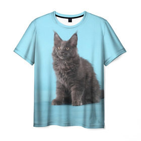 Мужская футболка 3D с принтом Кот мейн кун в Тюмени, 100% полиэфир | прямой крой, круглый вырез горловины, длина до линии бедер | котенок | мейнкун