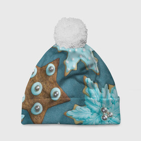 Шапка 3D c помпоном с принтом Новогоднее печенье в Тюмени, 100% полиэстер | универсальный размер, печать по всей поверхности изделия | зима | новый год | печенье | сладости | снег