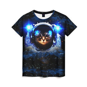 Женская футболка 3D с принтом Кот космонавт в Тюмени, 100% полиэфир ( синтетическое хлопкоподобное полотно) | прямой крой, круглый вырез горловины, длина до линии бедер | Тематика изображения на принте: звёздное небо | космос | кот | кошка | прикольные картинки