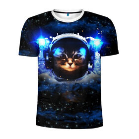 Мужская футболка 3D спортивная с принтом Кот космонавт в Тюмени, 100% полиэстер с улучшенными характеристиками | приталенный силуэт, круглая горловина, широкие плечи, сужается к линии бедра | звёздное небо | космос | кот | кошка | прикольные картинки