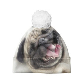 Шапка 3D c помпоном с принтом Смешная собачка в Тюмени, 100% полиэстер | универсальный размер, печать по всей поверхности изделия | прикол | смешная | смешно | собака | язык