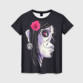Женская футболка 3D с принтом День мертвецов в Тюмени, 100% полиэфир ( синтетическое хлопкоподобное полотно) | прямой крой, круглый вырез горловины, длина до линии бедер | mexi | день мертвых | мексика | мексиканский череп | мертвецов | орнамент | праздник | узоры | цветы