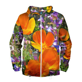 Мужская ветровка 3D с принтом Оранжевые цветы в Тюмени, 100% полиэстер | подол и капюшон оформлены резинкой с фиксаторами, два кармана без застежек по бокам, один потайной карман на груди | лепестки | прикольные картинки | цветочки | цветы