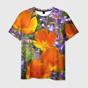 Мужская футболка 3D с принтом Оранжевые цветы в Тюмени, 100% полиэфир | прямой крой, круглый вырез горловины, длина до линии бедер | лепестки | прикольные картинки | цветочки | цветы