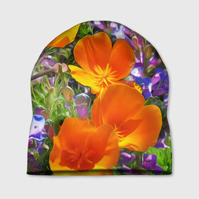Шапка 3D с принтом Оранжевые цветы в Тюмени, 100% полиэстер | универсальный размер, печать по всей поверхности изделия | лепестки | прикольные картинки | цветочки | цветы