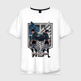Мужская футболка хлопок Oversize с принтом Attack on Titan - Eren & Levi в Тюмени, 100% хлопок | свободный крой, круглый ворот, “спинка” длиннее передней части | attack on titan | eren | levi