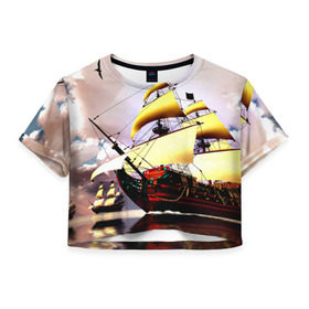 Женская футболка 3D укороченная с принтом Фрегат в Тюмени, 100% полиэстер | круглая горловина, длина футболки до линии талии, рукава с отворотами | вмф | исторический | корабль | море | океан | парусник