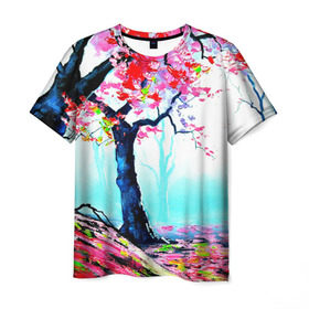 Мужская футболка 3D с принтом Сакура в Тюмени, 100% полиэфир | прямой крой, круглый вырез горловины, длина до линии бедер | весна | живопись | сакура | япония