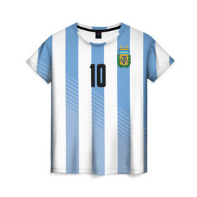 Женская футболка 3D с принтом Месси (сборная Аргентины) в Тюмени, 100% полиэфир ( синтетическое хлопкоподобное полотно) | прямой крой, круглый вырез горловины, длина до линии бедер | barcelona | lionel | messi | аргентина | барселона | кубок | лионель | мира | сборная | футбол