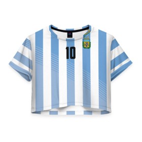 Женская футболка 3D укороченная с принтом Месси (сборная Аргентины) в Тюмени, 100% полиэстер | круглая горловина, длина футболки до линии талии, рукава с отворотами | barcelona | lionel | messi | аргентина | барселона | кубок | лионель | мира | сборная | футбол