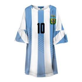 Детское платье 3D с принтом Месси (сборная Аргентины) в Тюмени, 100% полиэстер | прямой силуэт, чуть расширенный к низу. Круглая горловина, на рукавах — воланы | Тематика изображения на принте: barcelona | lionel | messi | аргентина | барселона | кубок | лионель | мира | сборная | футбол