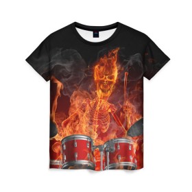 Женская футболка 3D с принтом Огненный скелет в Тюмени, 100% полиэфир ( синтетическое хлопкоподобное полотно) | прямой крой, круглый вырез горловины, длина до линии бедер | арт | дум | иллюзия | краска | лучи | огонь | пламя | прикольные | свет | текстуры