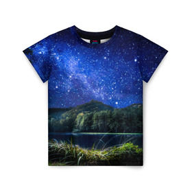 Детская футболка 3D с принтом Звездная ночь в Тюмени, 100% гипоаллергенный полиэфир | прямой крой, круглый вырез горловины, длина до линии бедер, чуть спущенное плечо, ткань немного тянется | Тематика изображения на принте: галактика | горы | звезды | космос | лес | ночь | озеро | сосны | тайга