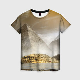 Женская футболка 3D с принтом Egypt в Тюмени, 100% полиэфир ( синтетическое хлопкоподобное полотно) | прямой крой, круглый вырез горловины, длина до линии бедер | egypt | египет | закат | золото | клеопатра | мумия | песок | пирамиды | пустыня | солнце
