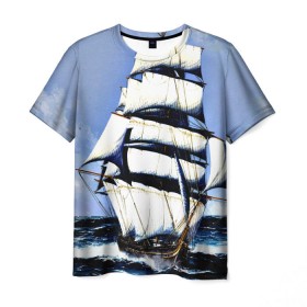Мужская футболка 3D с принтом Парусник в Тюмени, 100% полиэфир | прямой крой, круглый вырез горловины, длина до линии бедер | blue | волны | корабль | море | океан