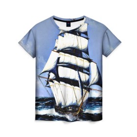 Женская футболка 3D с принтом Парусник в Тюмени, 100% полиэфир ( синтетическое хлопкоподобное полотно) | прямой крой, круглый вырез горловины, длина до линии бедер | blue | волны | корабль | море | океан