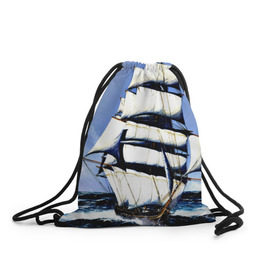 Рюкзак-мешок 3D с принтом Парусник в Тюмени, 100% полиэстер | плотность ткани — 200 г/м2, размер — 35 х 45 см; лямки — толстые шнурки, застежка на шнуровке, без карманов и подкладки | blue | волны | корабль | море | океан