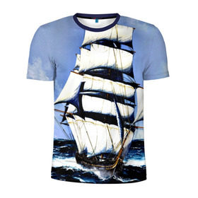Мужская футболка 3D спортивная с принтом Парусник в Тюмени, 100% полиэстер с улучшенными характеристиками | приталенный силуэт, круглая горловина, широкие плечи, сужается к линии бедра | blue | волны | корабль | море | океан