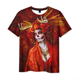 Мужская футболка 3D с принтом День мертвецов в Тюмени, 100% полиэфир | прямой крой, круглый вырез горловины, длина до линии бедер | cobwebs | color | day of the dead | dead | death | eyes | girl | halloween | holiday | makeup | mask | mexican skull | mexico | ornament | pattern | взгляд | девушка | день мертвых | макияж | маска | мексика | мексиканский череп | мертвецов | орнамент | п