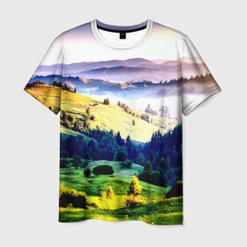 Мужская футболка 3D с принтом Альпы в Тюмени, 100% полиэфир | прямой крой, круглый вырез горловины, длина до линии бедер | Тематика изображения на принте: горы | зелень | лето | природа | солнце | туман
