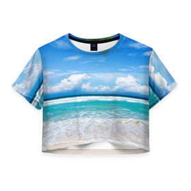 Женская футболка 3D укороченная с принтом Карибский пляж в Тюмени, 100% полиэстер | круглая горловина, длина футболки до линии талии, рукава с отворотами | волны | лето | море | океан | отдых | пальма | пляж | солнце
