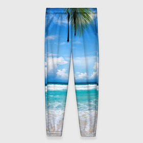 Женские брюки 3D с принтом Карибский пляж в Тюмени, полиэстер 100% | прямой крой, два кармана без застежек по бокам, с мягкой трикотажной резинкой на поясе и по низу штанин. В поясе для дополнительного комфорта — широкие завязки | волны | лето | море | океан | отдых | пальма | пляж | солнце