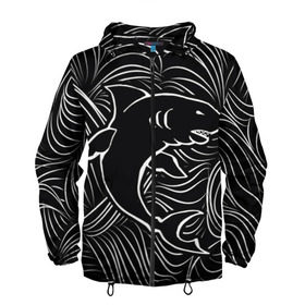 Мужская ветровка 3D с принтом Акула в в морской пучине в Тюмени, 100% полиэстер | подол и капюшон оформлены резинкой с фиксаторами, два кармана без застежек по бокам, один потайной карман на груди | Тематика изображения на принте: волна | линия | черный