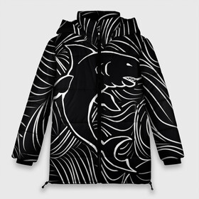 Женская зимняя куртка 3D с принтом Акула в в морской пучине в Тюмени, верх — 100% полиэстер; подкладка — 100% полиэстер; утеплитель — 100% полиэстер | длина ниже бедра, силуэт Оверсайз. Есть воротник-стойка, отстегивающийся капюшон и ветрозащитная планка. 

Боковые карманы с листочкой на кнопках и внутренний карман на молнии | волна | линия | черный