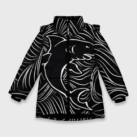 Зимняя куртка для девочек 3D с принтом Акула в в морской пучине в Тюмени, ткань верха — 100% полиэстер; подклад — 100% полиэстер, утеплитель — 100% полиэстер. | длина ниже бедра, удлиненная спинка, воротник стойка и отстегивающийся капюшон. Есть боковые карманы с листочкой на кнопках, утяжки по низу изделия и внутренний карман на молнии. 

Предусмотрены светоотражающий принт на спинке, радужный светоотражающий элемент на пуллере молнии и на резинке для утяжки. | волна | линия | черный