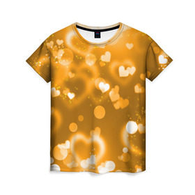 Женская футболка 3D с принтом Золотые сердца в Тюмени, 100% полиэфир ( синтетическое хлопкоподобное полотно) | прямой крой, круглый вырез горловины, длина до линии бедер | heart | любовь | орнамент | сердце | узор