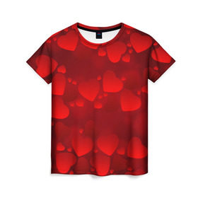Женская футболка 3D с принтом Красные сердца в Тюмени, 100% полиэфир ( синтетическое хлопкоподобное полотно) | прямой крой, круглый вырез горловины, длина до линии бедер | heart | red | любовь | орнамент | сердце | узор