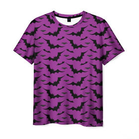 Мужская футболка 3D с принтом Стая летучих мышей в Тюмени, 100% полиэфир | прямой крой, круглый вырез горловины, длина до линии бедер | bat | классно | круто | летучая | мышь | стильно | текстура | фиолетовый | фон | черный