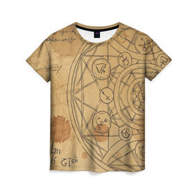 Женская футболка 3D с принтом Дневник алхимика в Тюмени, 100% полиэфир ( синтетическое хлопкоподобное полотно) | прямой крой, круглый вырез горловины, длина до линии бедер | алхимик | алхимия | магия | формулы