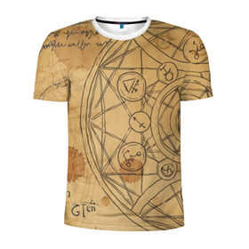 Мужская футболка 3D спортивная с принтом Дневник алхимика в Тюмени, 100% полиэстер с улучшенными характеристиками | приталенный силуэт, круглая горловина, широкие плечи, сужается к линии бедра | алхимик | алхимия | магия | формулы