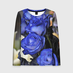 Женский лонгслив 3D с принтом Синие розы в Тюмени, 100% полиэстер | длинные рукава, круглый вырез горловины, полуприлегающий силуэт | девушкам | розы | синие | цветы