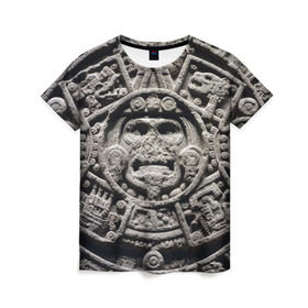 Женская футболка 3D с принтом Календарь ацтеков в Тюмени, 100% полиэфир ( синтетическое хлопкоподобное полотно) | прямой крой, круглый вырез горловины, длина до линии бедер | ацтеки | древняя цивилизация | индейцы | майя | южная америка