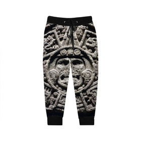 Детские брюки 3D с принтом Календарь ацтеков в Тюмени, 100% полиэстер | манжеты по низу, эластичный пояс регулируется шнурком, по бокам два кармана без застежек, внутренняя часть кармана из мелкой сетки | ацтеки | древняя цивилизация | индейцы | майя | южная америка