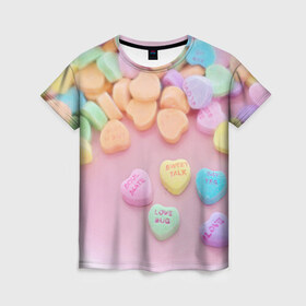 Женская футболка 3D с принтом конфеты в Тюмени, 100% полиэфир ( синтетическое хлопкоподобное полотно) | прямой крой, круглый вырез горловины, длина до линии бедер | candy | драже | конфеты | леденцы | сахар | сладости