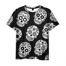 Мужская футболка 3D с принтом Черепа в Тюмени, 100% полиэфир | прямой крой, круглый вырез горловины, длина до линии бедер | день мертвых | мексика | паттерн | традция | узоры | цветы | черно белый | черный