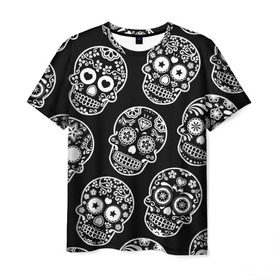 Мужская футболка 3D с принтом Черепа в Тюмени, 100% полиэфир | прямой крой, круглый вырез горловины, длина до линии бедер | день мертвых | мексика | паттерн | традиция | узоры | цветы | черно белый