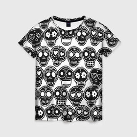 Женская футболка 3D с принтом Черепа в Тюмени, 100% полиэфир ( синтетическое хлопкоподобное полотно) | прямой крой, круглый вырез горловины, длина до линии бедер | день мертвых | мексика | паттерн | традиция | узоры | цветы | черно белый