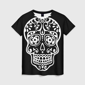 Женская футболка 3D с принтом Мексиканский череп в Тюмени, 100% полиэфир ( синтетическое хлопкоподобное полотно) | прямой крой, круглый вырез горловины, длина до линии бедер | день мертвых | мексика | традция | узоры | цветы | черный
