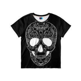 Детская футболка 3D с принтом Мексиканский череп в Тюмени, 100% гипоаллергенный полиэфир | прямой крой, круглый вырез горловины, длина до линии бедер, чуть спущенное плечо, ткань немного тянется | день мертвых | мексика | традция | узоры | цветы | черный