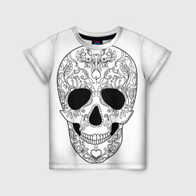 Детская футболка 3D с принтом Мексиканский череп в Тюмени, 100% гипоаллергенный полиэфир | прямой крой, круглый вырез горловины, длина до линии бедер, чуть спущенное плечо, ткань немного тянется | белый | день мертвых | мексика | традция | узоры | цветы