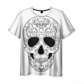 Мужская футболка 3D с принтом Мексиканский череп в Тюмени, 100% полиэфир | прямой крой, круглый вырез горловины, длина до линии бедер | белый | день мертвых | мексика | традция | узоры | цветы