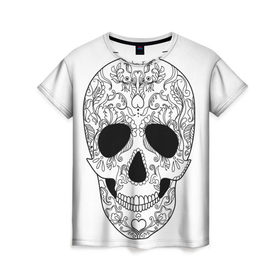 Женская футболка 3D с принтом Мексиканский череп в Тюмени, 100% полиэфир ( синтетическое хлопкоподобное полотно) | прямой крой, круглый вырез горловины, длина до линии бедер | белый | день мертвых | мексика | традция | узоры | цветы
