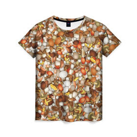 Женская футболка 3D с принтом Грибы. Много грибов в Тюмени, 100% полиэфир ( синтетическое хлопкоподобное полотно) | прямой крой, круглый вырез горловины, длина до линии бедер | Тематика изображения на принте: лес | охота
